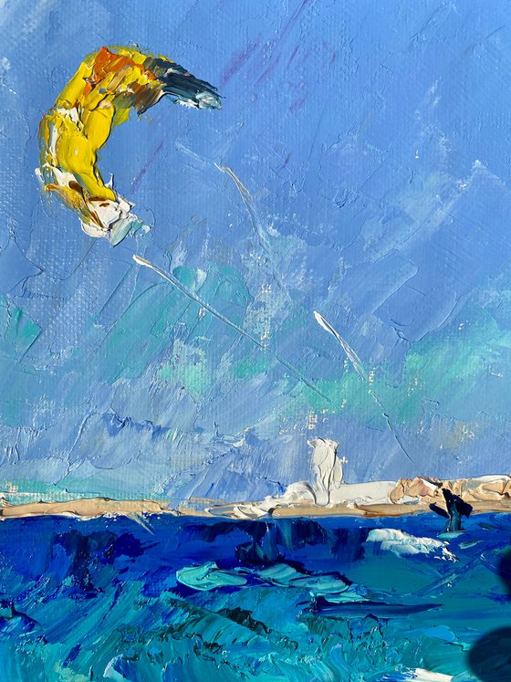 Kitesurfing - Spot atmosphere, 47*37cm, impressionistic oil impasto landscape painting