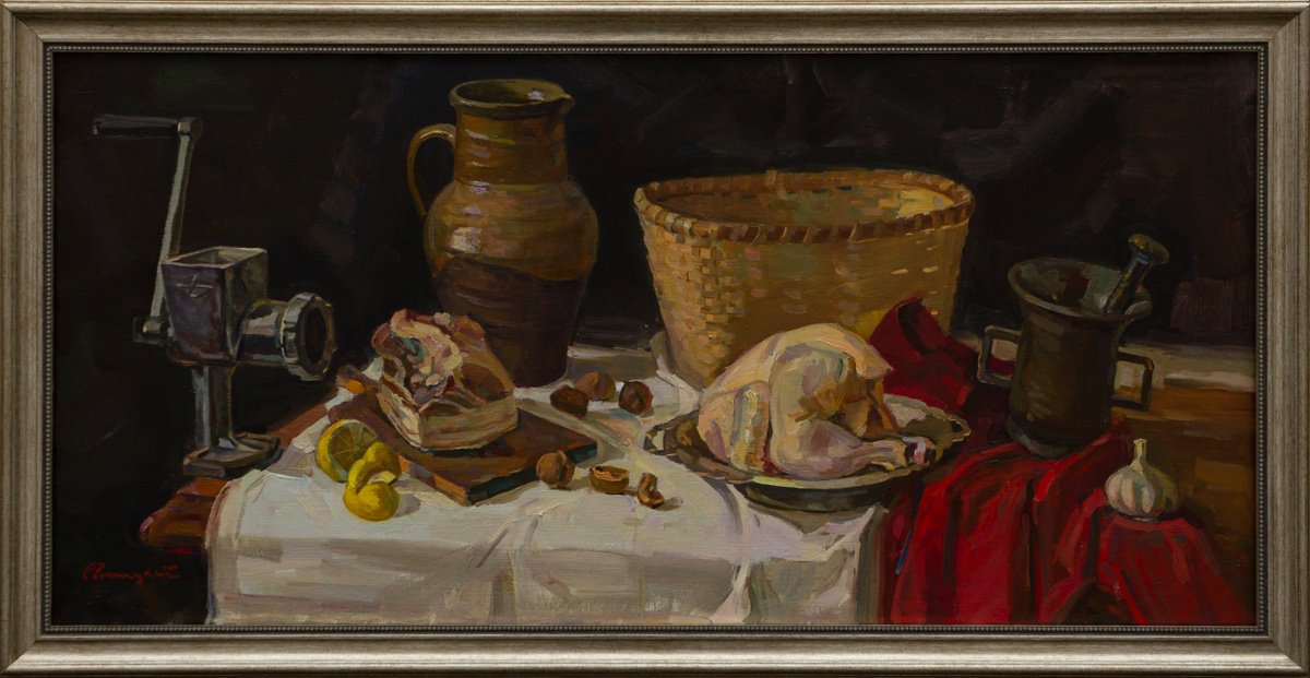 Impressionistic Still Life Oil Painting By Igor Sventitski, 43 X 21, Still Life With Meat, Original Artwork