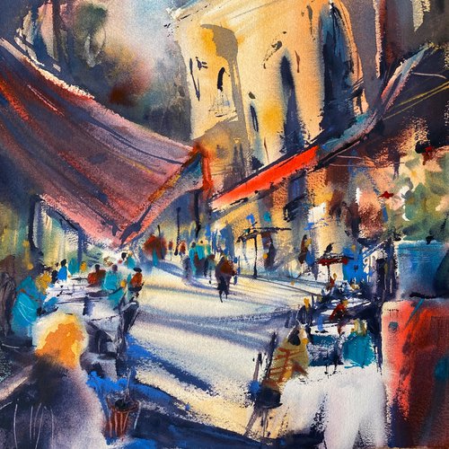 Cafe in Yerevan - original watercolor by Anna Boginskaia