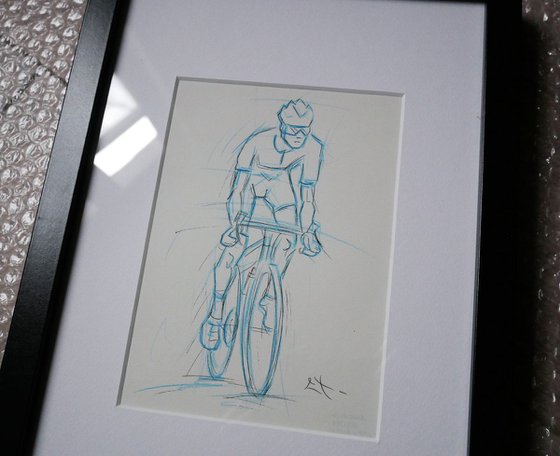 Esquisse crayon bleu et encre, Cycliste, Encadré 24 x 32 cm