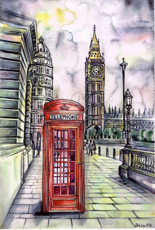 London Red Telephone Box And Big Ben by Diana Aleksanian