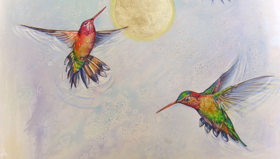 35.4" ”Shining Sun and Hummingbirds” Large Painting