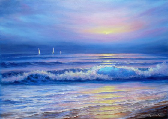 Evening Wave Painting - Coastal Original Art Seascape Oil Painting Sailboat Artwork Ready To Hang 28" by 20"