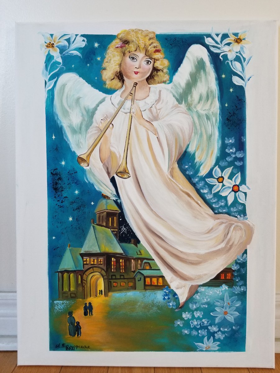 Christmas Angel. Christmas Gift. New Year Gift. Original Oil Painting on Canvas. Gift for... by Alexandra Tomorskaya/Caramel Art Gallery