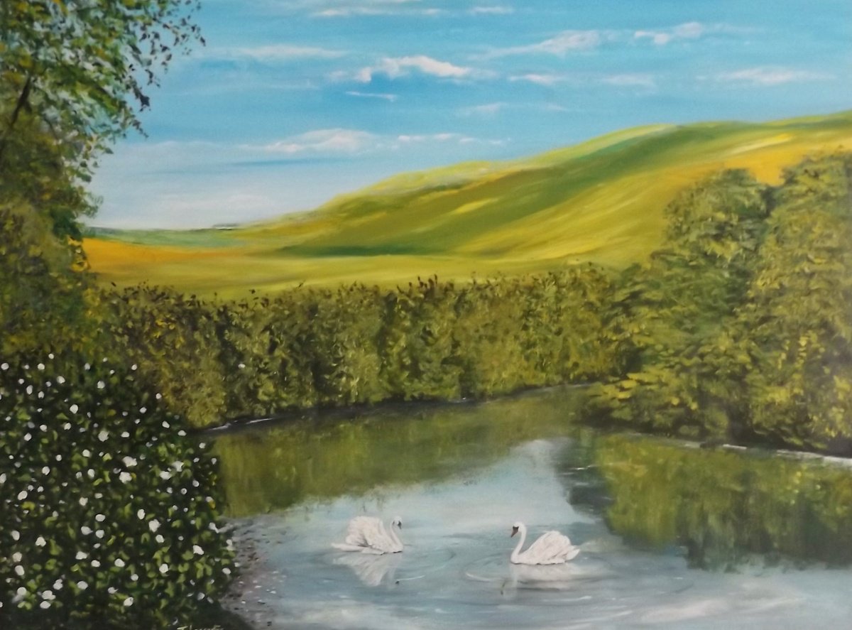 Impressionistic Landscape Acrylic Painting By James Lancaster, 32 X 24, Swan Lake, Original Artwork
