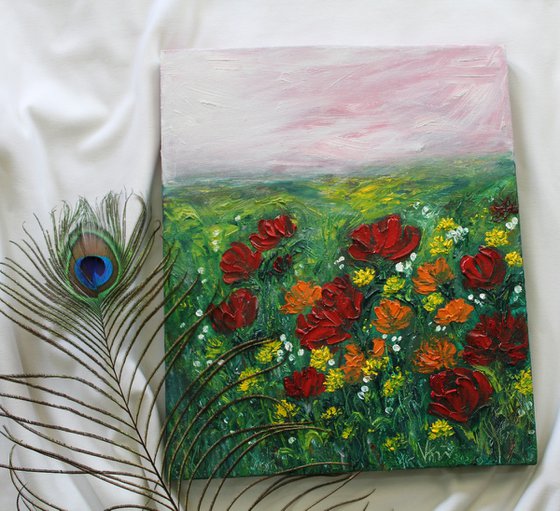 Paradise Found - Floral landscape oil painting on canvas- wild flowers and poppies - palette knife - textured - impressionistic artwork - impasto painting - floral meadow - home decor - gift art - affordable landscape painting