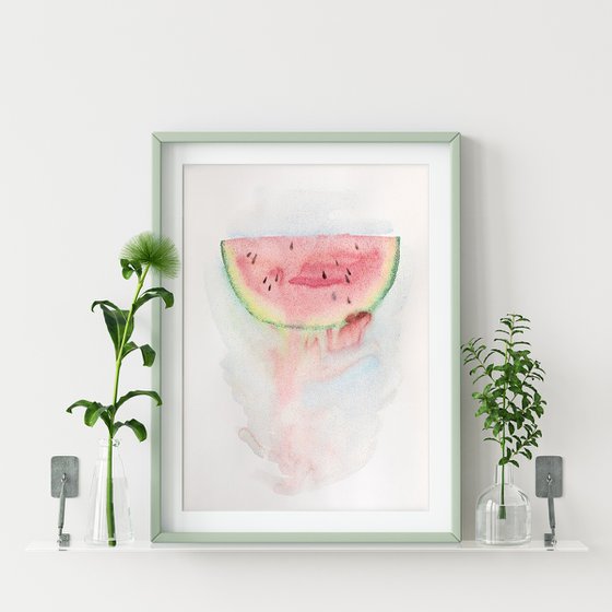 Watercolor slice of watermelon with beautiful detailed texture