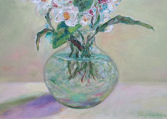 Summer dreaming - Romantic Traditional Impressionistic not Abstract Prizewinning Medium-sized Ligt Green Pink Special Gift Idea Country Flowers Oil Painting 15,8x15,8 in. (40x40 cm)