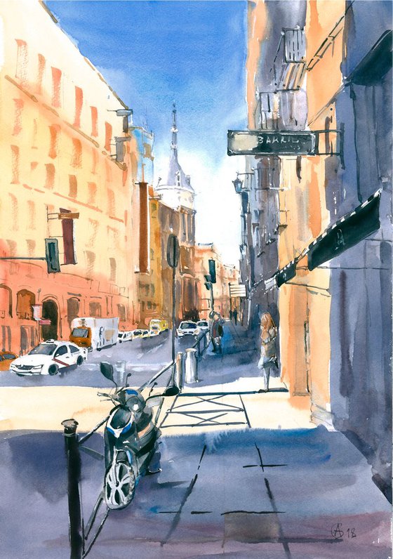Sun in Madrid. Original watercolor street urban landscape light shadow view impressionism decor