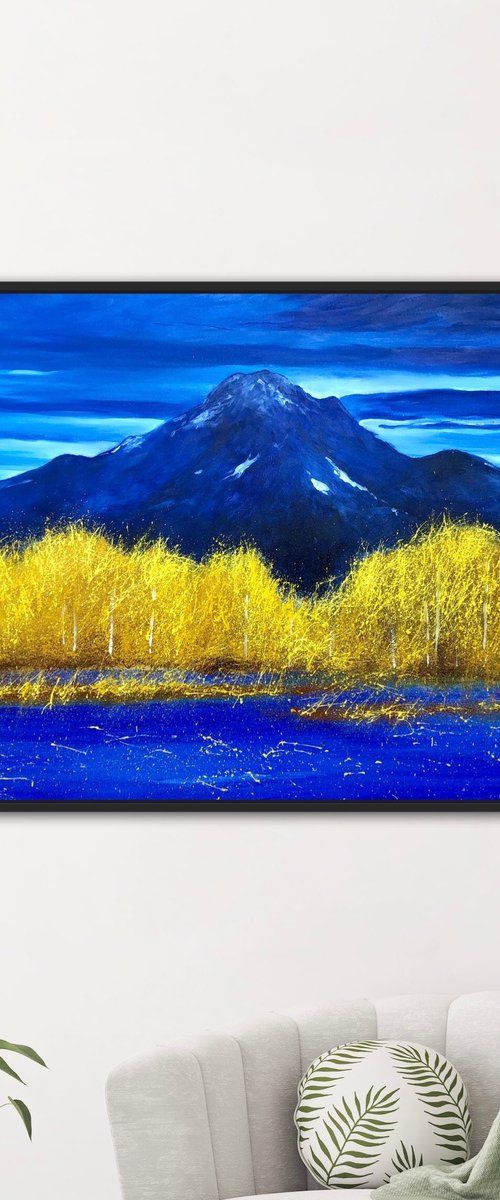 Large abstract landscape painting on canvas, Fall, Aspens by Volodymyr Smoliak