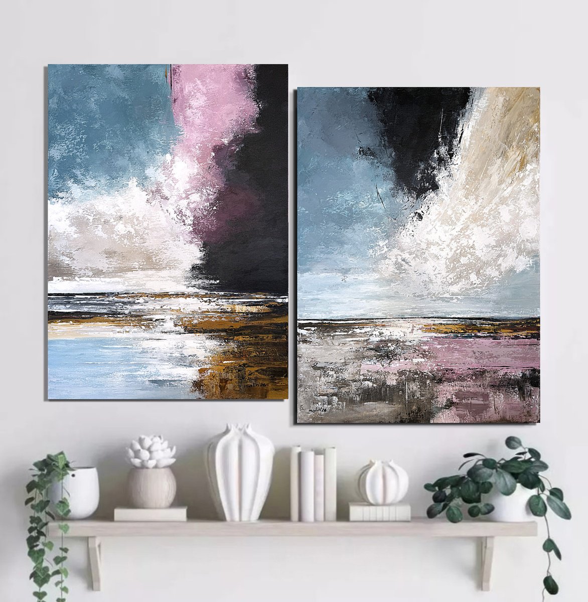 Crimson Sky Passage - Blue Pink Diptych By Tatiana Malinovscaia, 39 X 28, Artwork For Sale On Artfinder
