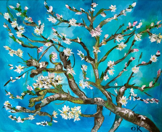 Almond blossom on turquoise inspired by Vincent Van Gogh oil painting ready to hang