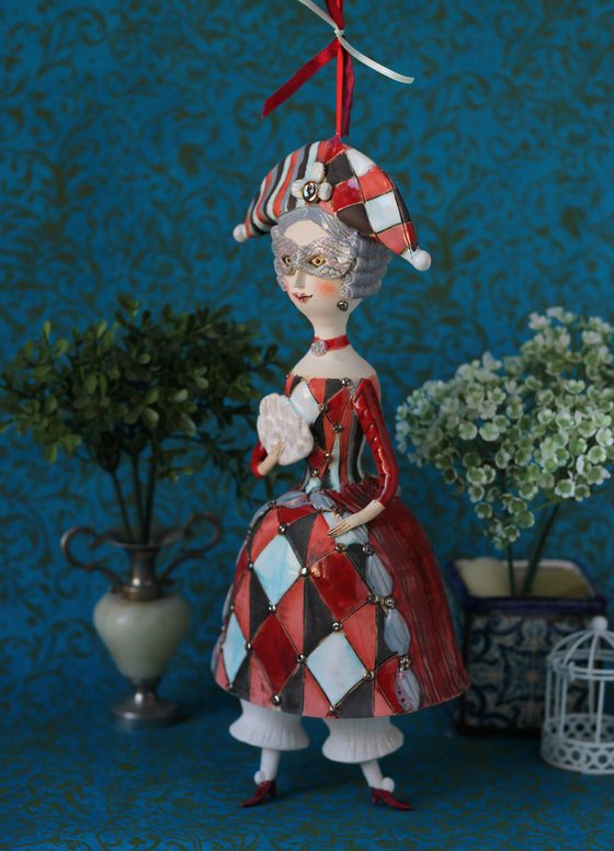 Carnival Dame as sculptured ceramic bell doll by Elya Yalonetski