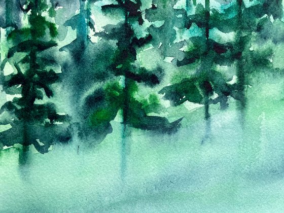 Pine Tree Art, Original Watercolor Painting, Forest Artwork, Mountain Wall Art, Christmas Gift