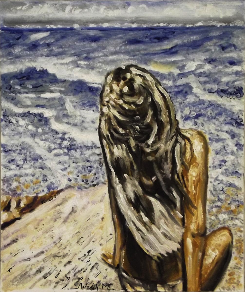 SITTING ON THE BEACH - Seascape view - 29.5x36 cm by Wadih Maalouf
