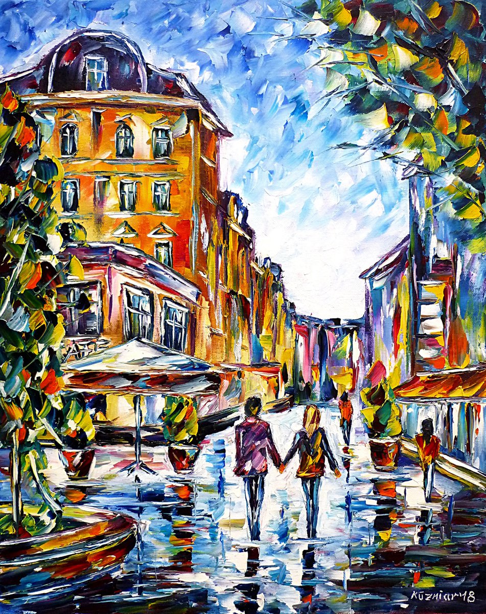 Expressive Cityscapes Oil Painting By Mirek Kuzniar, 16 X 20", Love In The City, Original Artwork
