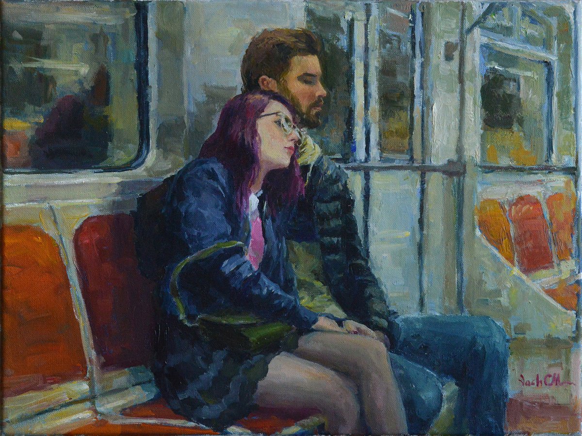 Impressionistic Portrait Oil Painting By Vachagan Manukyan, 16 X 12", In The Metro, Original Artwork
