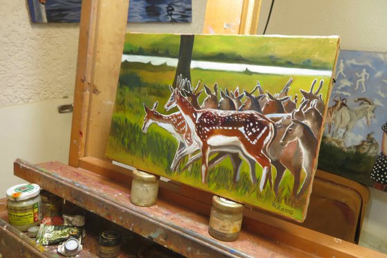 Deers, Original Oil Painting by Anne Zamo