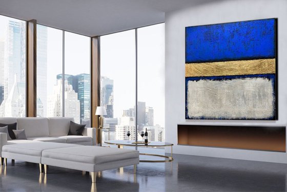 Out of the Blue - XL LARGE,  TEXTURED, GOLD LEAF ABSTRACT ART – EXPRESSIONS OF ENERGY AND LIGHT. READY TO HANG!