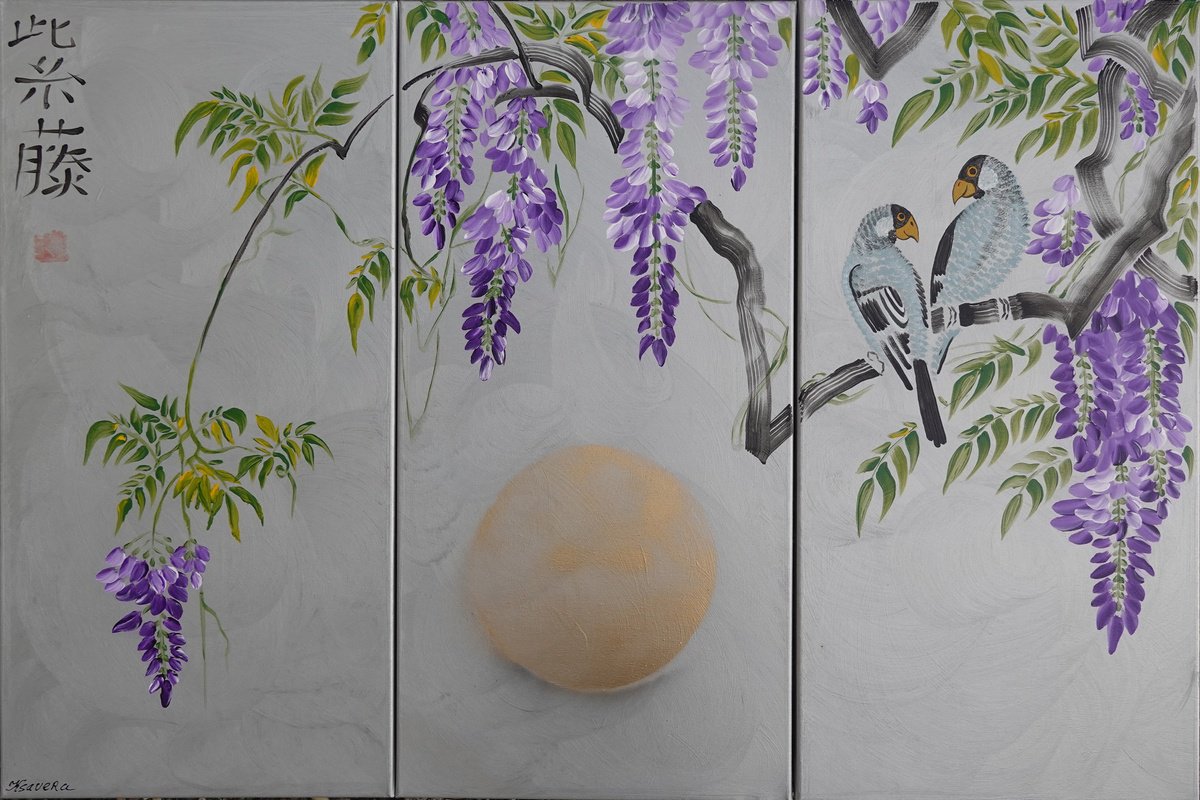 Japanese lilac wisteria and love birds J221 - large silver triptych, original art, japanes... by Ksavera