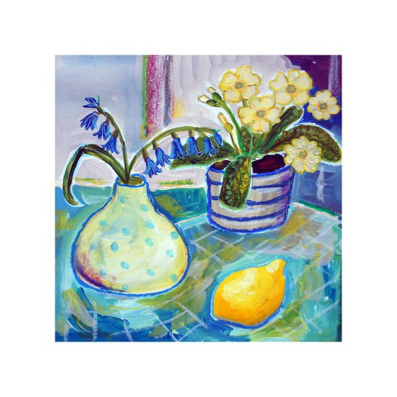 Blue bells and primrose still life