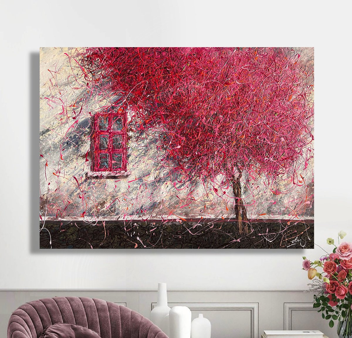 Impressionistic Botanical Acrylic Painting By Nadiia Antoniuk, 51 X 37", The Stillness Between Petals, Original Artwork