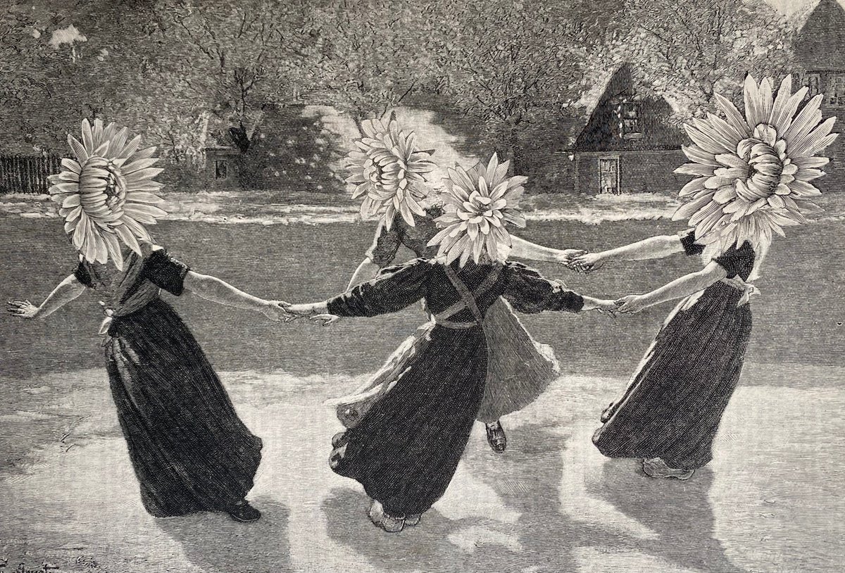 Surrealistic Portrait Collage By Tudor Evans, 9 X 6", Dancing Flower Children, Original Artwork