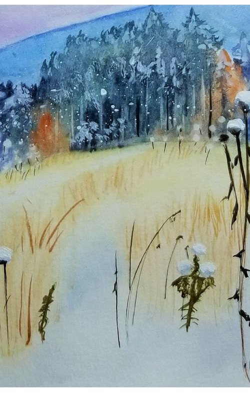 Winter Landscape #5. Original Watercolor Painting on Cold Press Paper 300 g/m or 140 lb/m. Landscape Painting. Wall Art. 7.5" x 11". 19 x 27.9 cm. Unframed and unmatted. by Alexandra Tomorskaya/Caramel Art Gallery