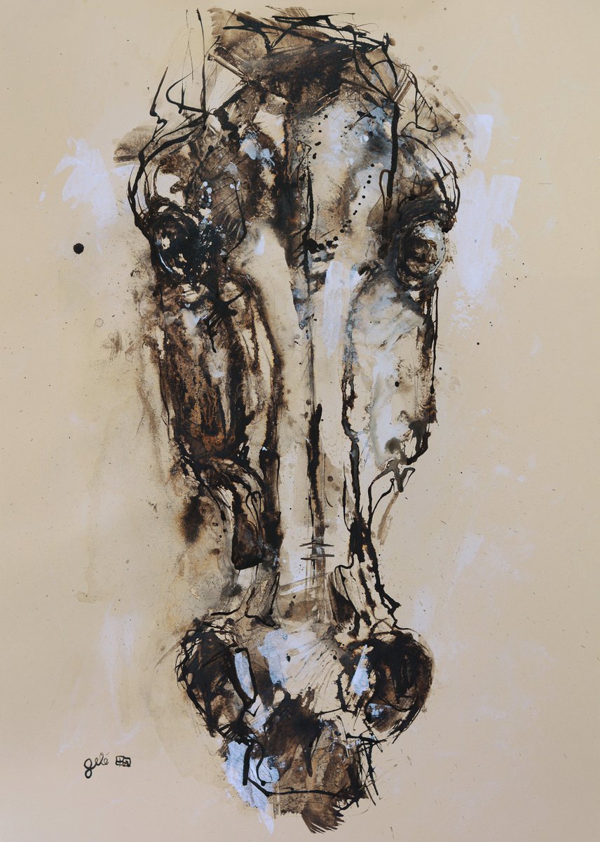 Expressive Animal Ink Drawing By Benedicte Gele, 17 X 23, Face To Face 4A, Original Artwork