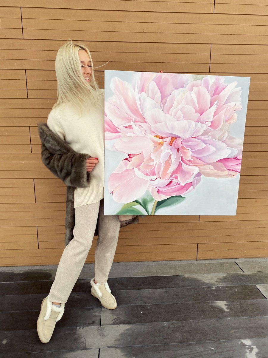 Photorealistic Oil Painting , Pink Peony By Anna Lyashenko, 31 X 31, Artwork For Sale On Artfinder