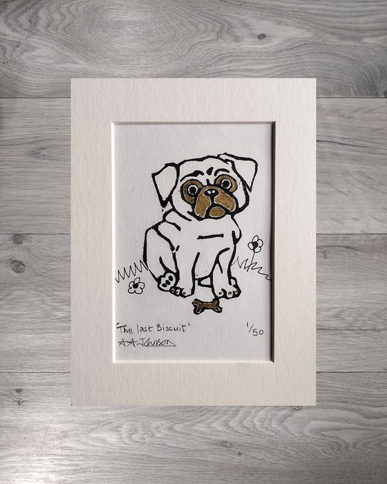 Lino cut pug. 'The Last Biscuit'