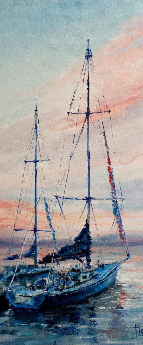 Sailboats in the harbor by Aleksandr Neliubin