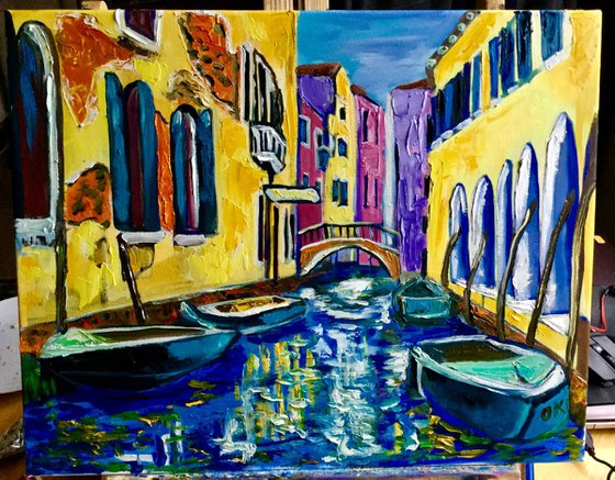 VENICE CANAL BRIDGE. HOME DECOR. PALETTE KNIFE OIL PAINTING. OFFICE URBAN WALL ART