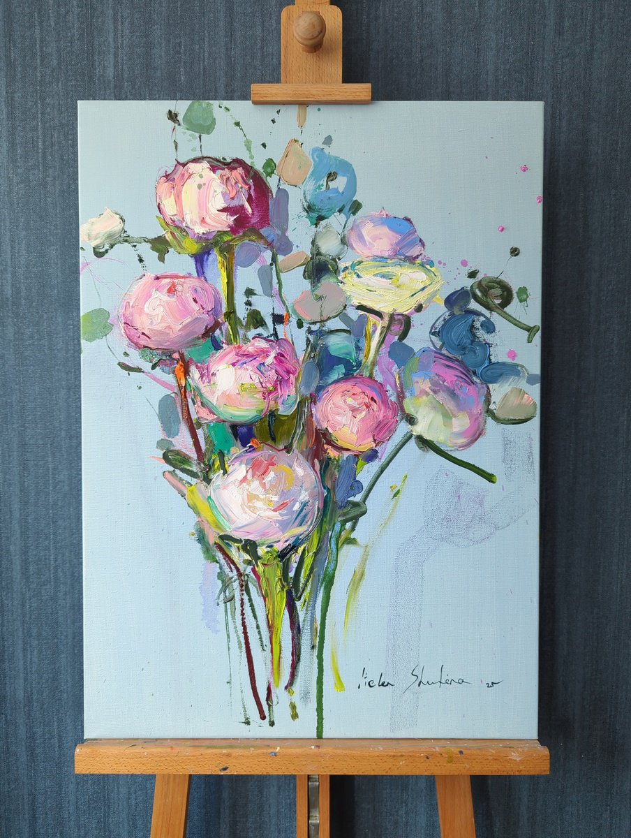 Expressive Botanical Oil Painting By Helen Shukina, 20 X 28, Dreaming Peonies On Blue, Original Artwork