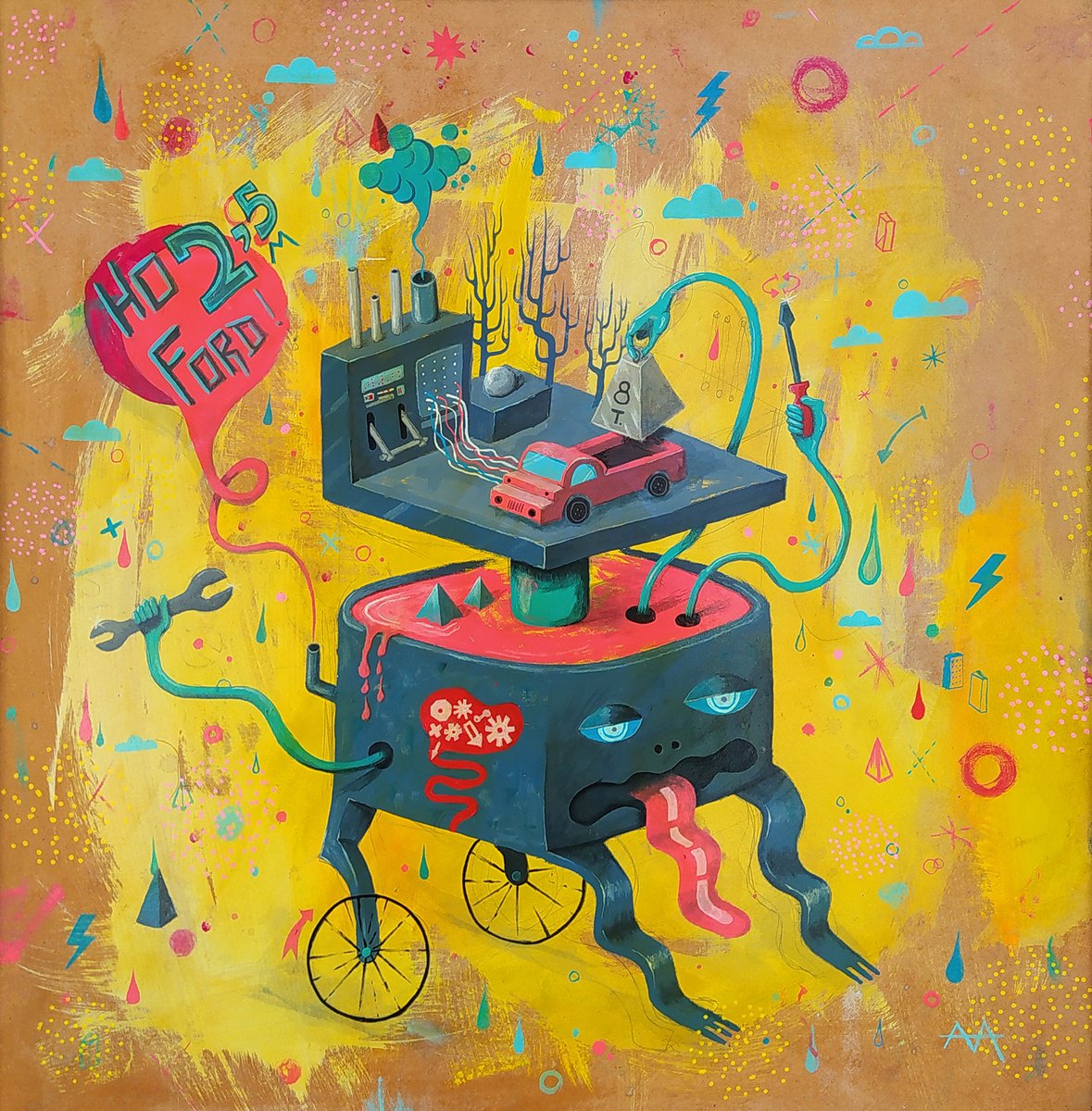 Urban And Pop Transport Acrylic Painting By Andres Agosin Monk, 25 X 24, Oh Ford, Original Artwork