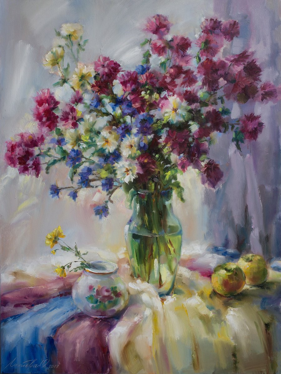 Impressionistic Botanical Oil Painting By Olha Laptieva, 24 X 32", Autumn Flowers, Original Artwork