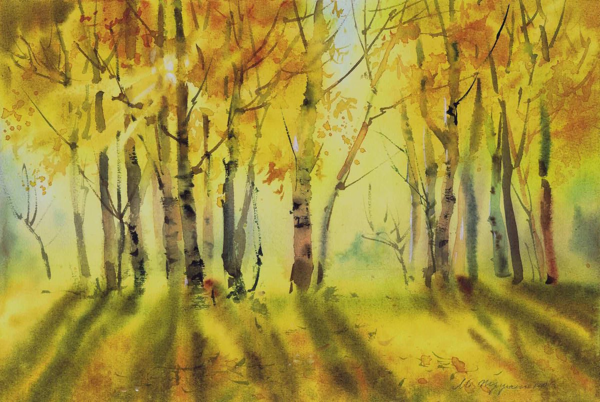 Autumn trees at sunset. Watercolour landscape by Marina Trushnikova by Marina Trushnikova