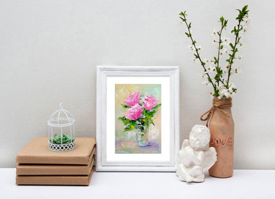 Pink Rose Painting Original Art Small Oil Artwork Flower Wall Art Floral Mini Oil Painting