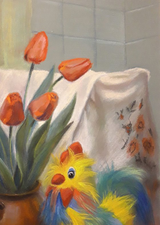 Still Life with Rooster and Tulips