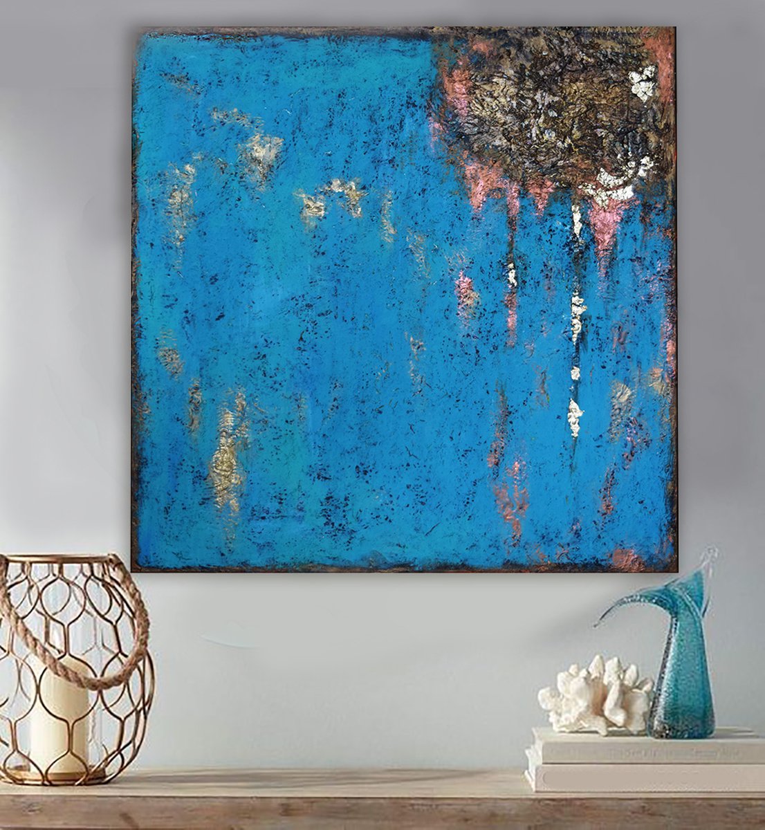 Dreamy Landscape Abstract painting 70 cm x 70 cm Teal Brown Gold leaf by Anna Sidi-Yacoub