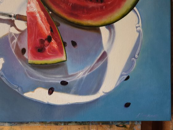 "Juicy slices"  still life summer watermelon liGHt original painting  GIFT (2019)