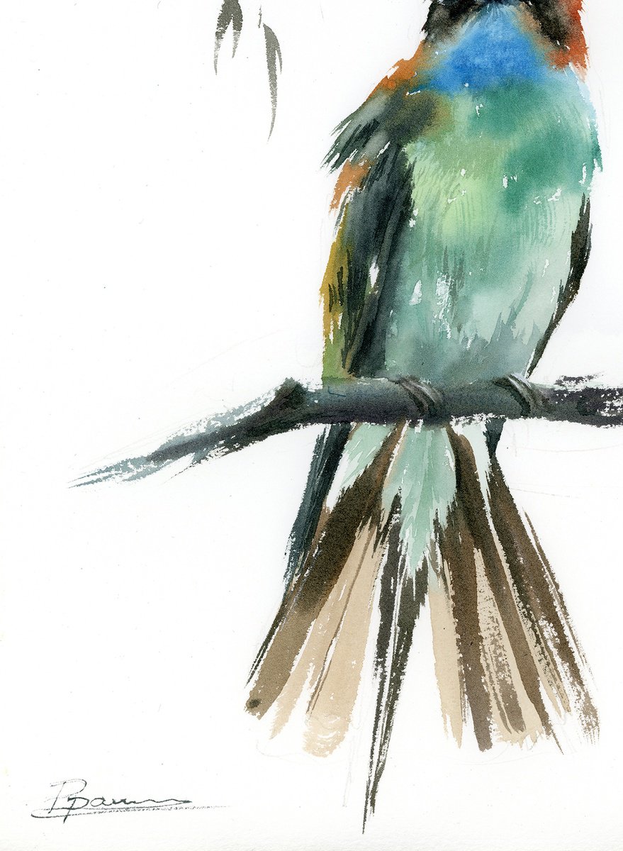 Expressive Animal Watercolour By Olga Tchefranov (Shefranov), 10 X 14", Serenade Of The Bee-Eater, Original Artwork