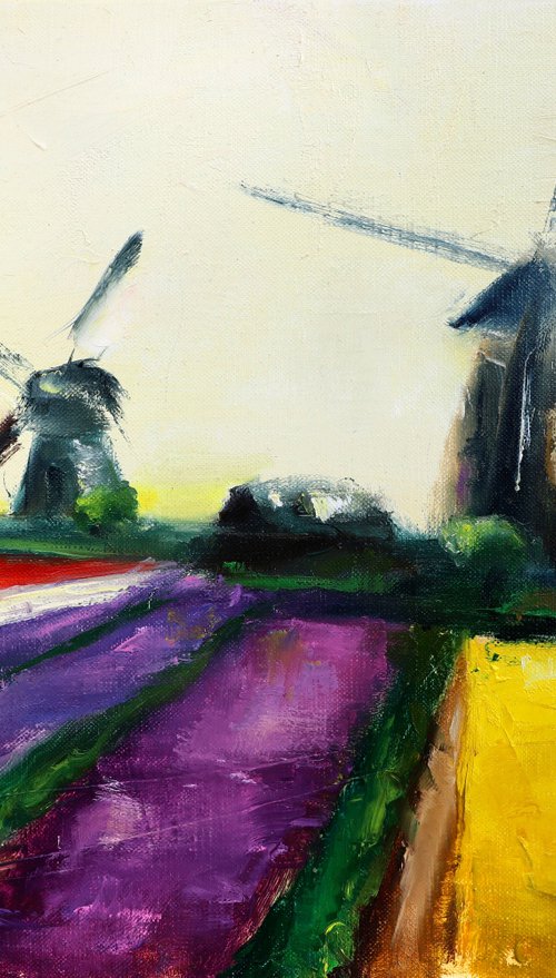 Tulip fields Landscape painting on canvas Holland windmill by Anna Lubchik