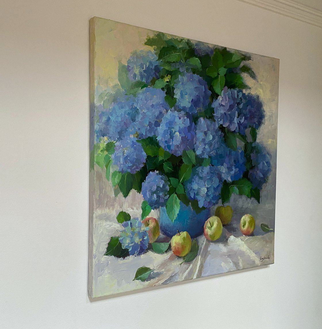 Blue Hydrangeas with Apples Oil painting: Ling Strube