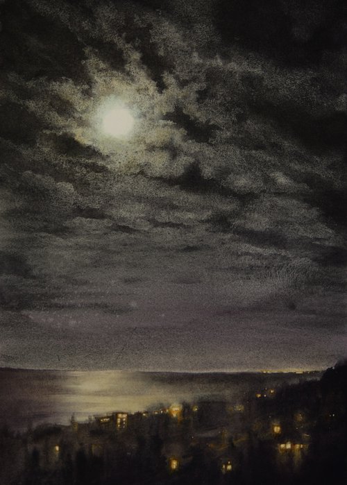 Moon in Clouds over Sea by Olga Beliaeva Watercolour