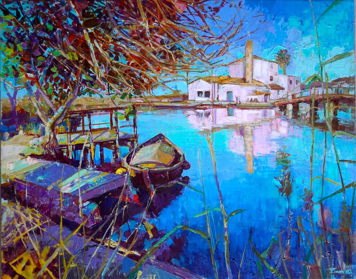 Impressionistic Landscape Oil Painting By Luis Rincon, 36 X 29", Sunset In The Palmar, Original Artwork