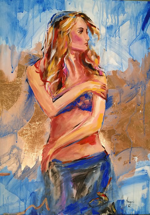 Βy the Sea - woman Painting on MDF by Antigoni Tziora