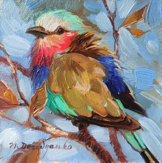 Little Bird painting oil original small art framed in blue green gold frame, Bird lovers gift artwork wall art mini 4x4