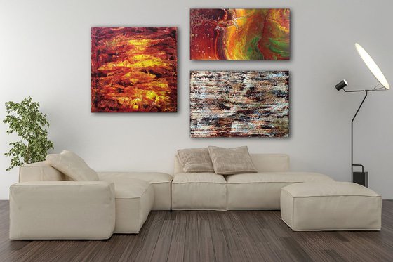 "Earth, Wind and Fire" - Save As Series - Original Large PMS Abstract Triptych Acrylic Paintings On Canvas - 66" x 42"