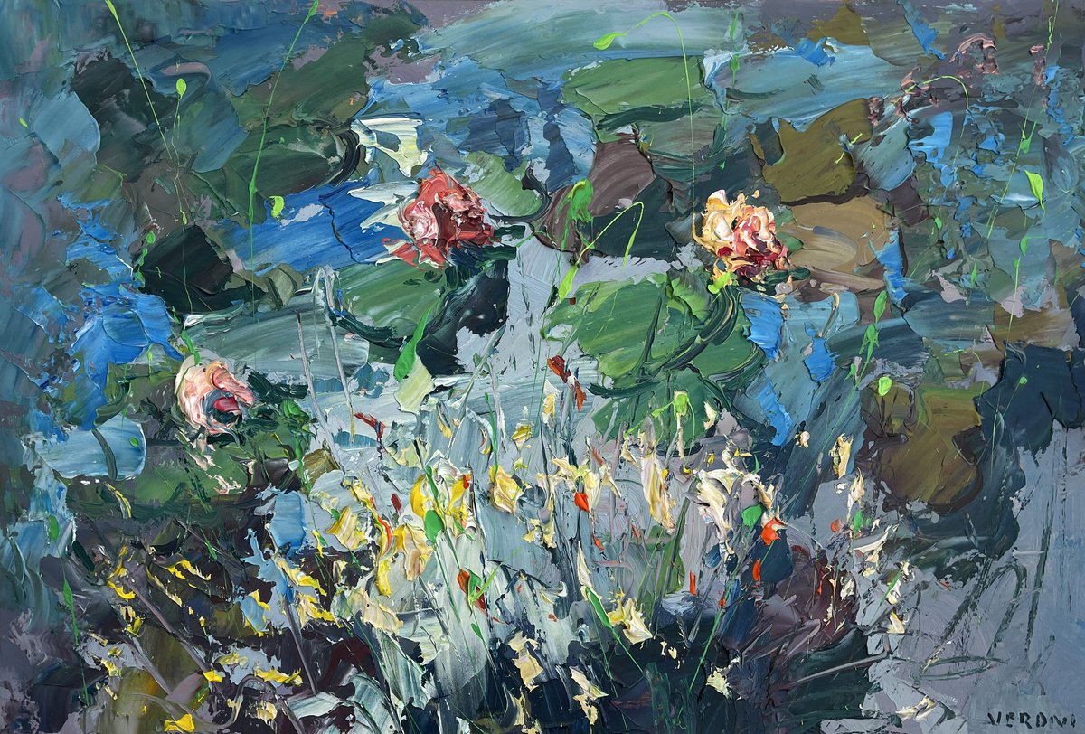 Expressive Botanical Oil Painting By Agostino Veroni, 36 X 24, Water Lilies - Floral Art, Original Artwork